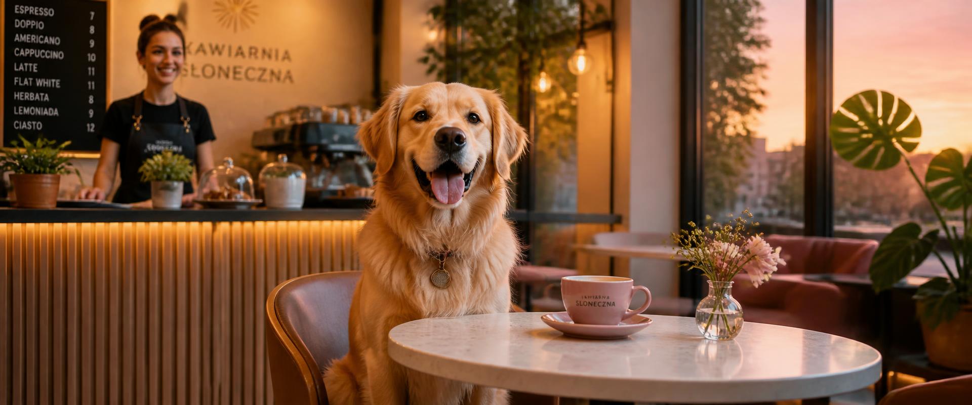 Szczęśliwy pies w nowoczesnej polskiej kawiarni, w tle uśmiechnięta baristka